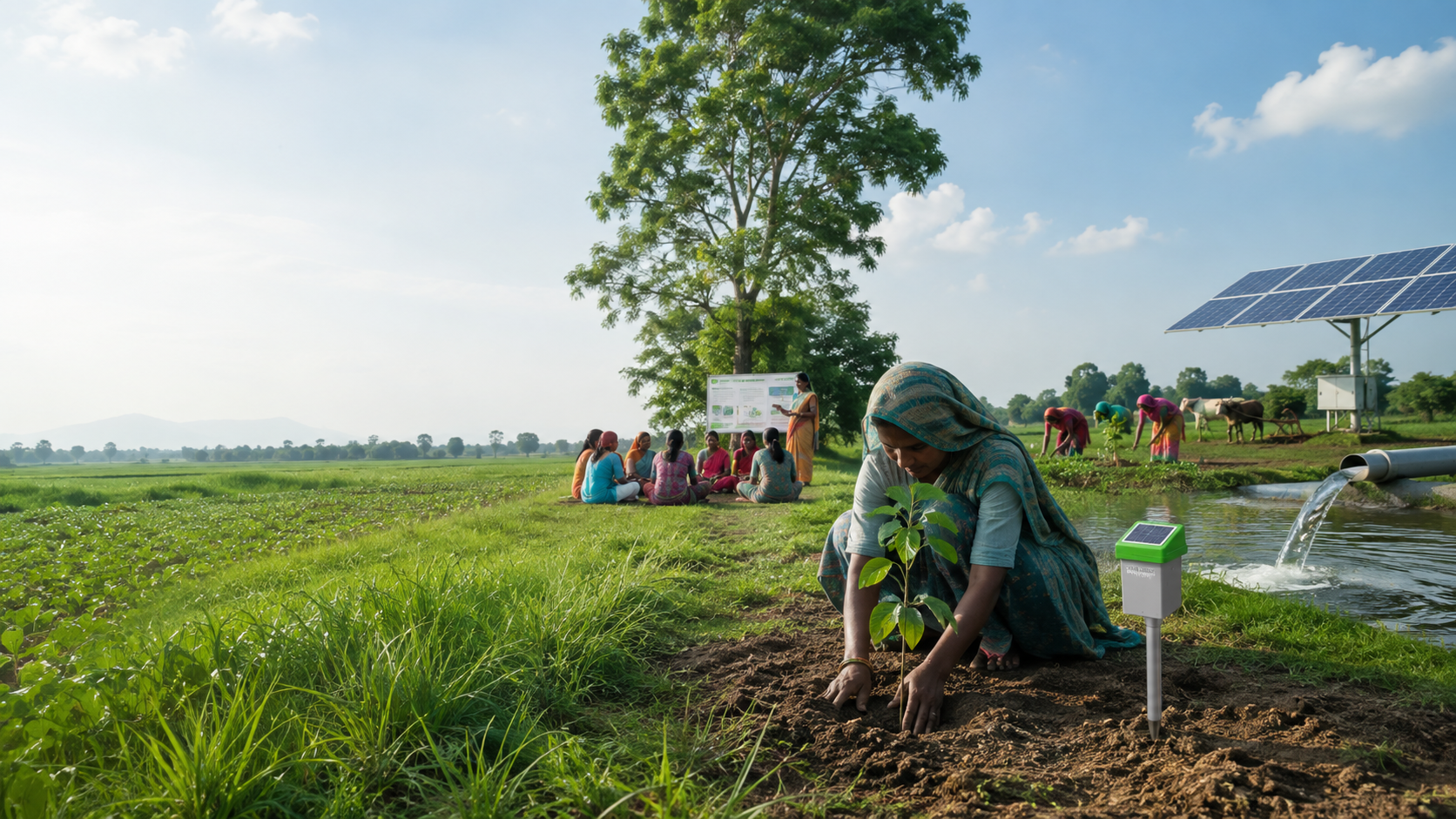 Concept illustration of women and farmers exchanging ideas in a field